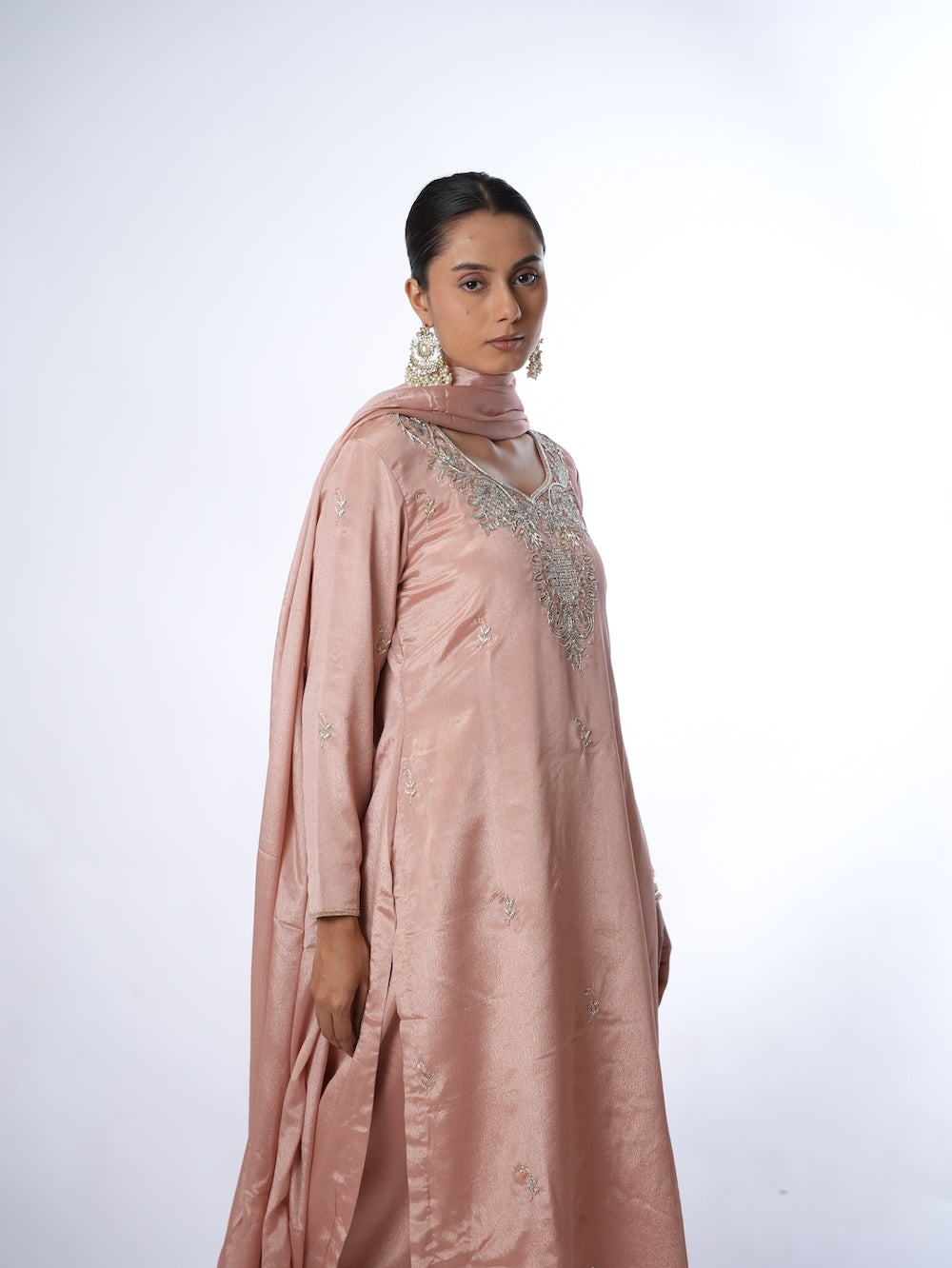 Peach Embroidered Kurti and Pant Set with Dupatta