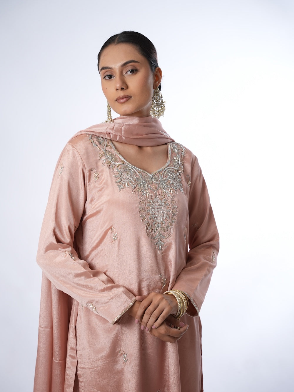 Peach Embroidered Kurti and Pant Set with Dupatta