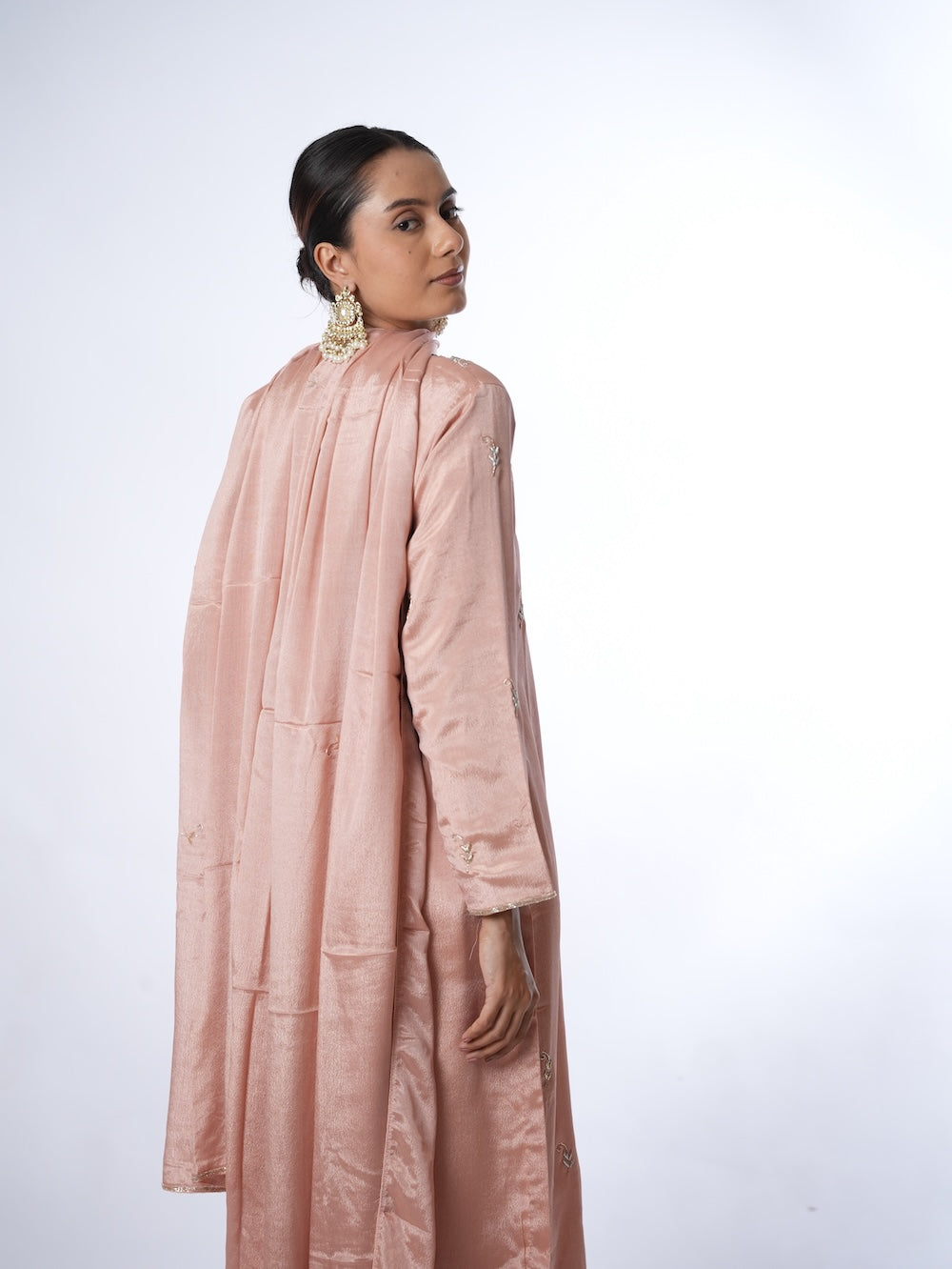 Peach Embroidered Kurti and Pant Set with Dupatta