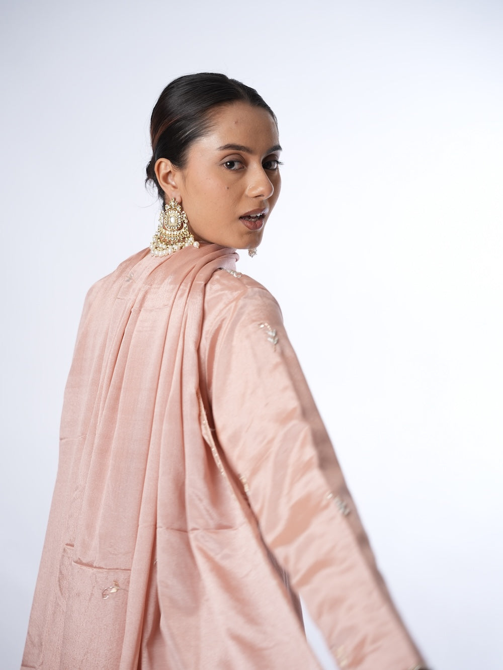 Peach Embroidered Kurti and Pant Set with Dupatta
