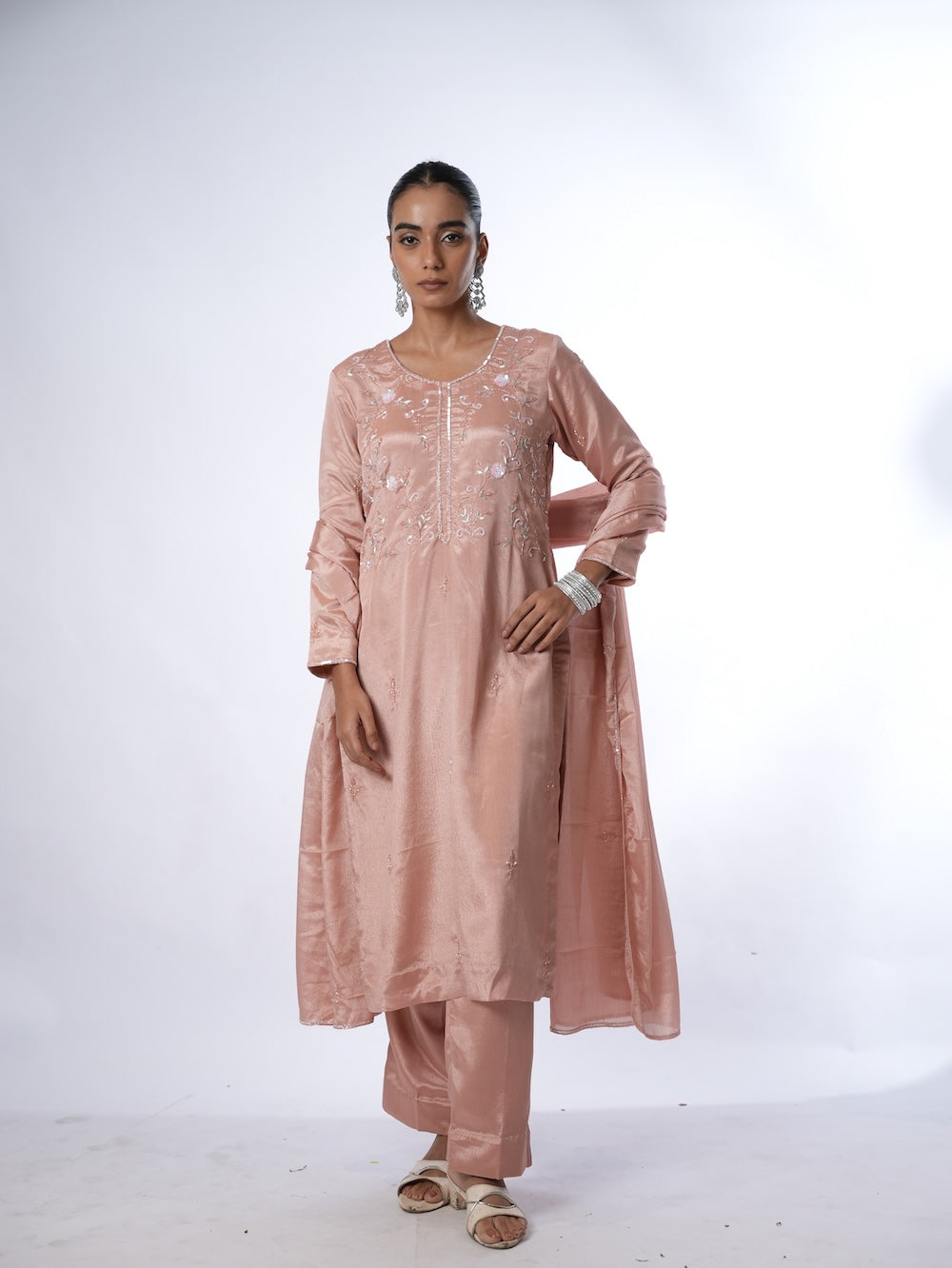 Peach Embroidered Kurti and Pant Set