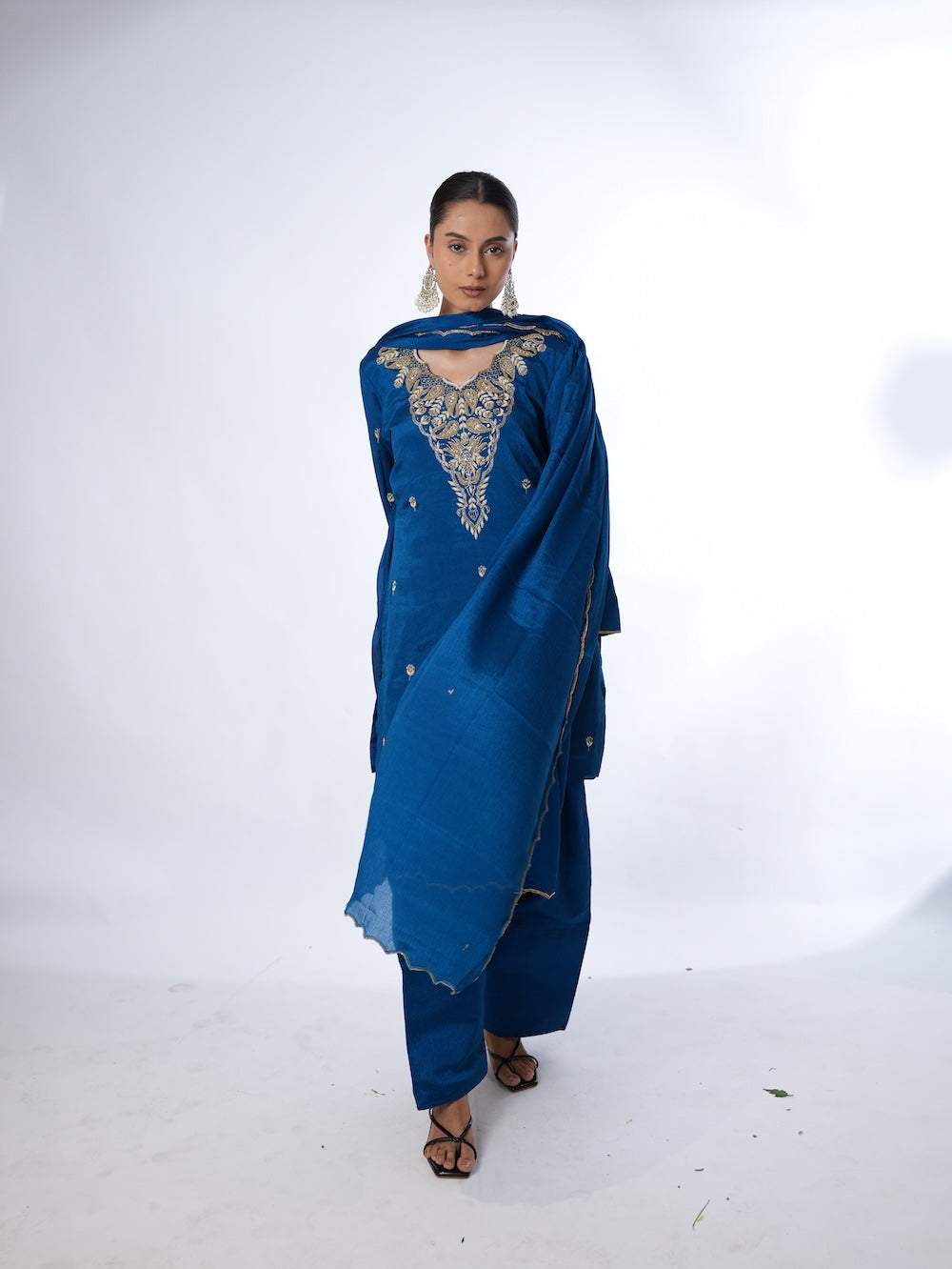 Royal Blue Embroidered Kurti and Pant Set with Dupatta