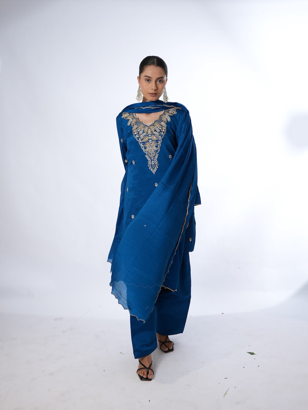 Royal Blue Embroidered Kurti and Pant Set with Dupatta
