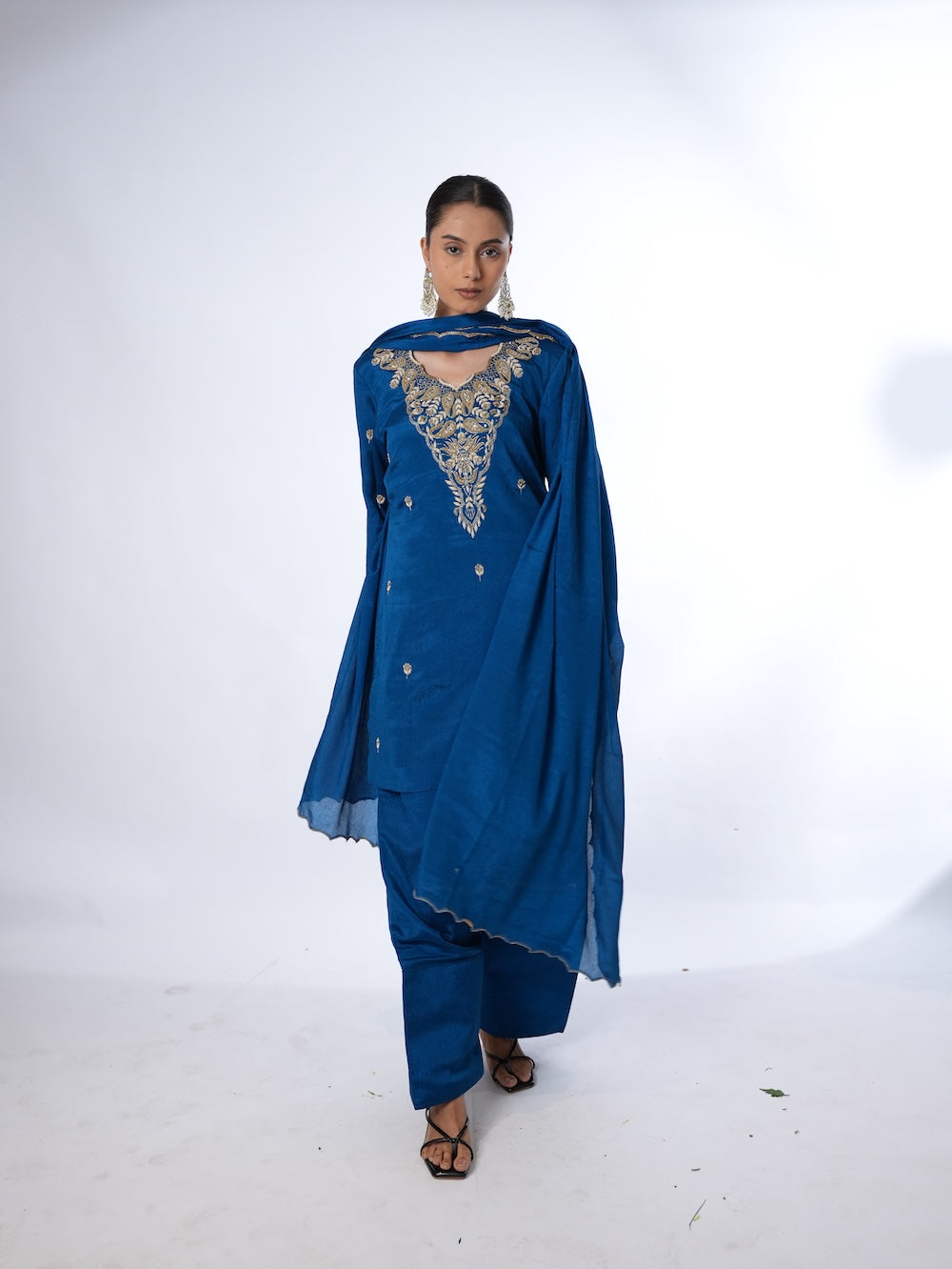 Royal Blue Embroidered Kurti and Pant Set with Dupatta