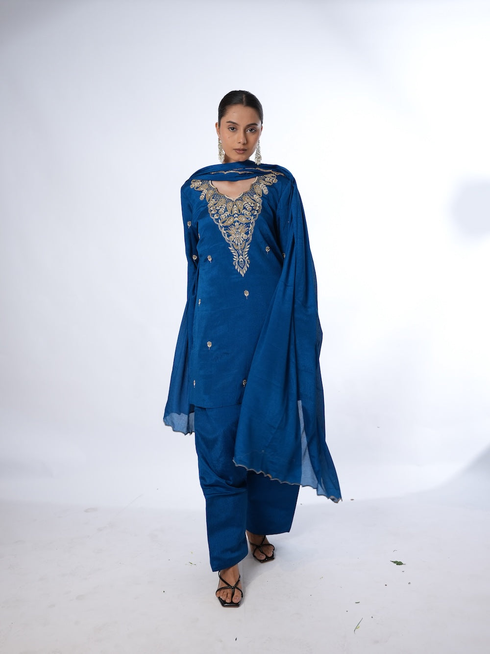 Royal Blue Embroidered Kurti and Pant Set with Dupatta