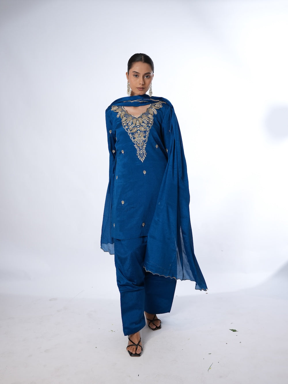 Royal Blue Embroidered Kurti and Pant Set with Dupatta