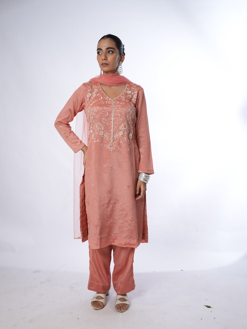 PEACH EMBROIDERED KURTI SET