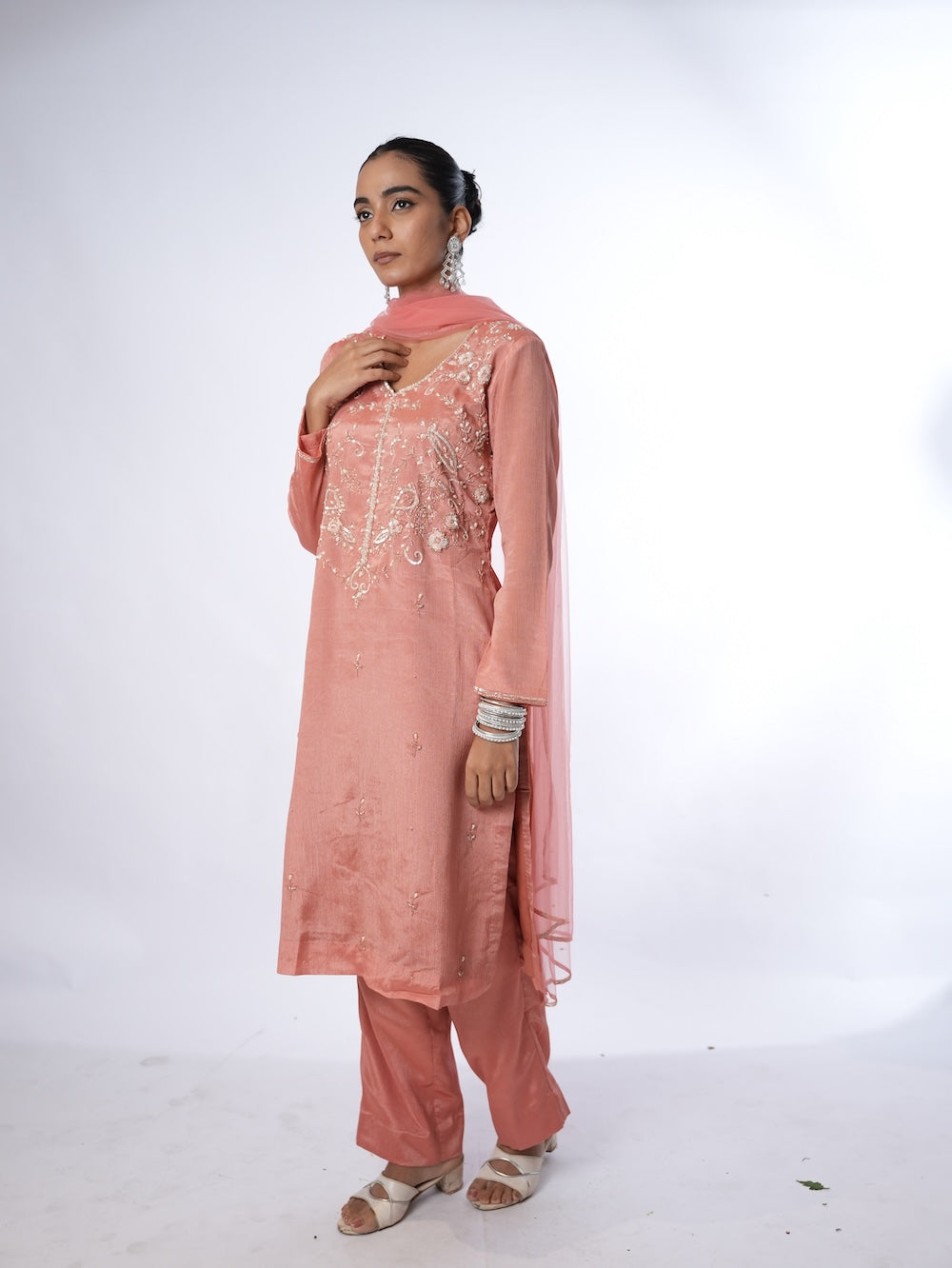 Peach Embroidered Kurti and Pant Set with Dupatta