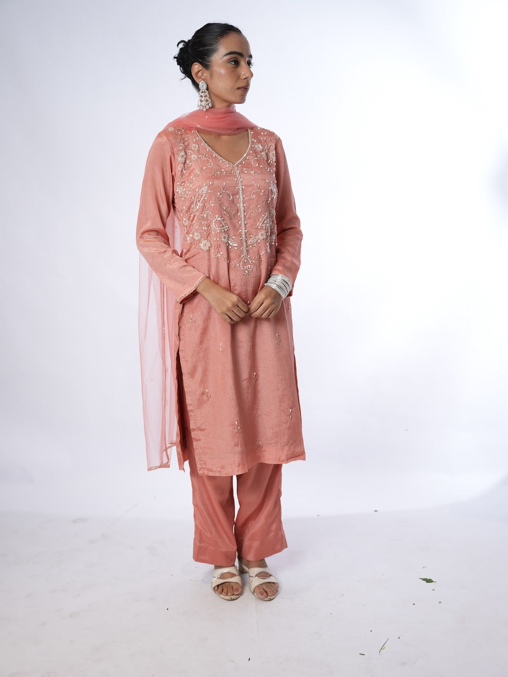 Peach Embroidered Kurti and Pant Set with Dupatta