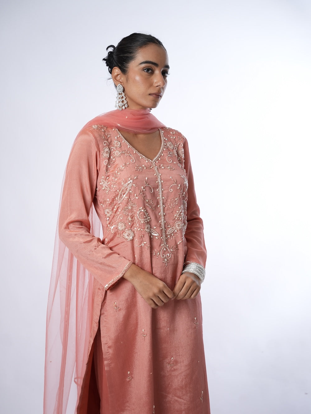 Peach Embroidered Kurti and Pant Set with Dupatta
