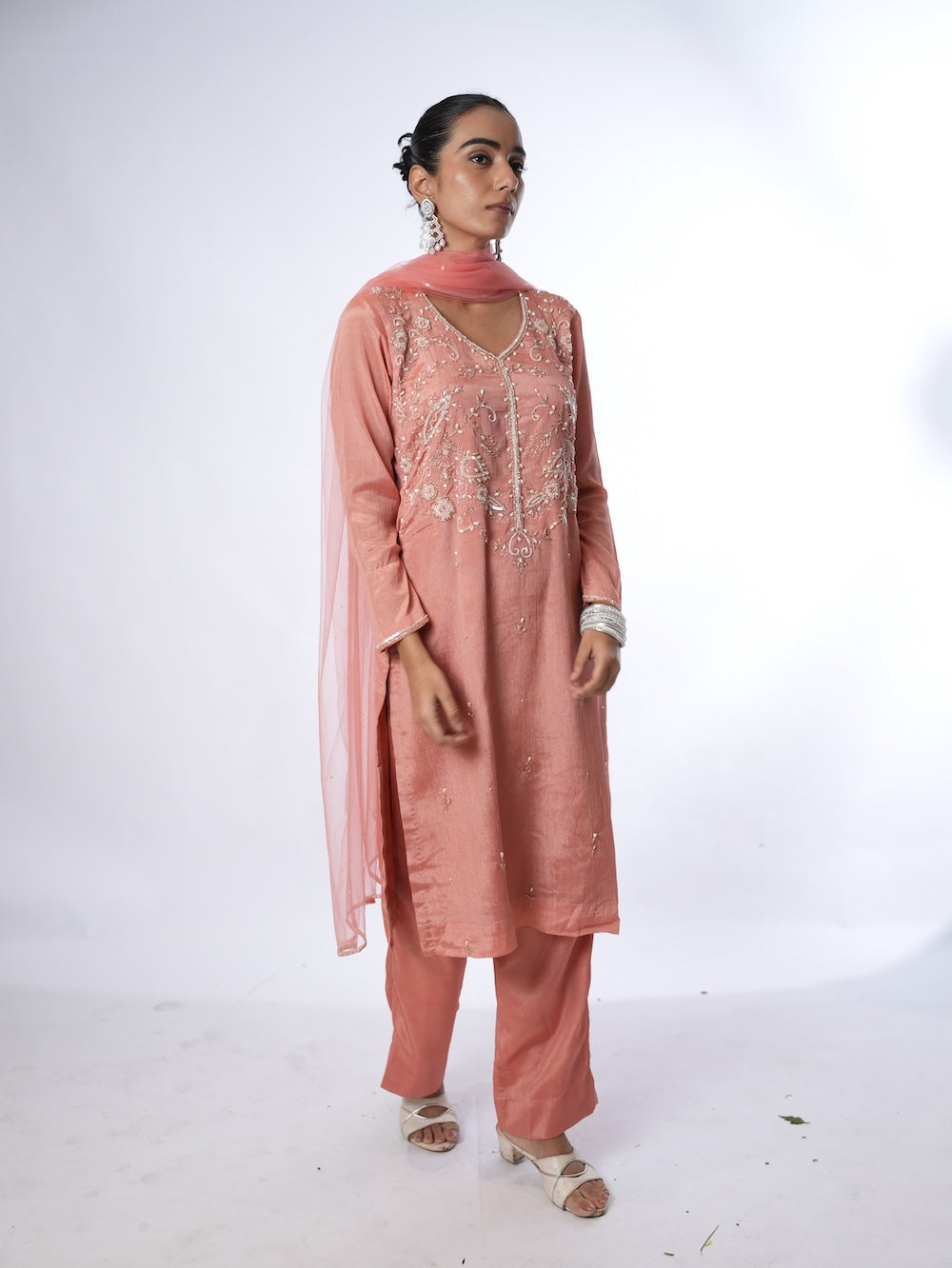 Peach Embroidered Kurti and Pant Set with Dupatta