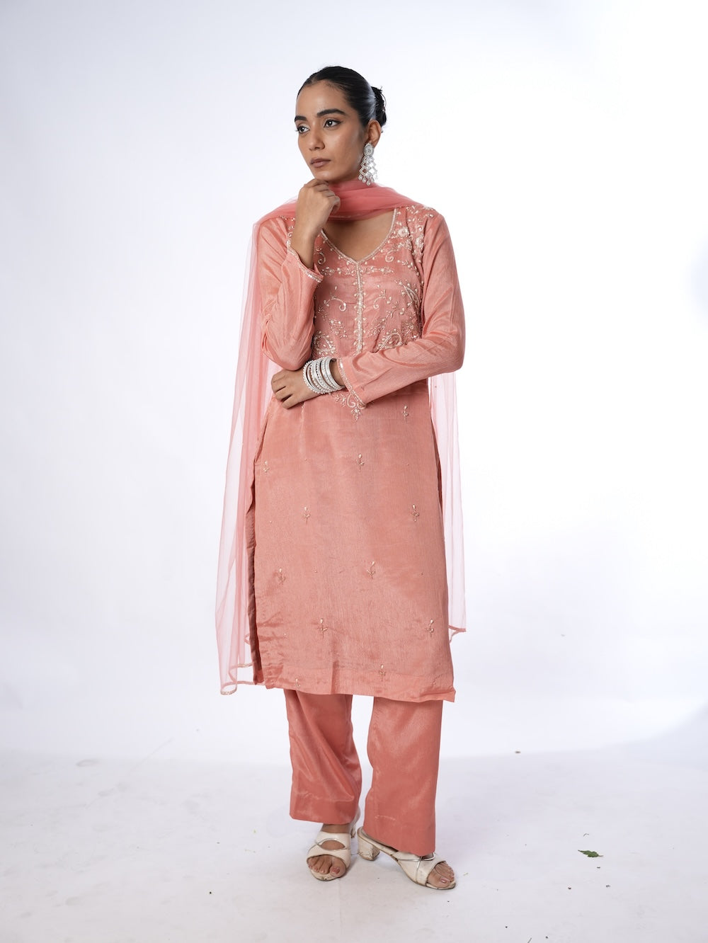 PEACH EMBROIDERED KURTI SET