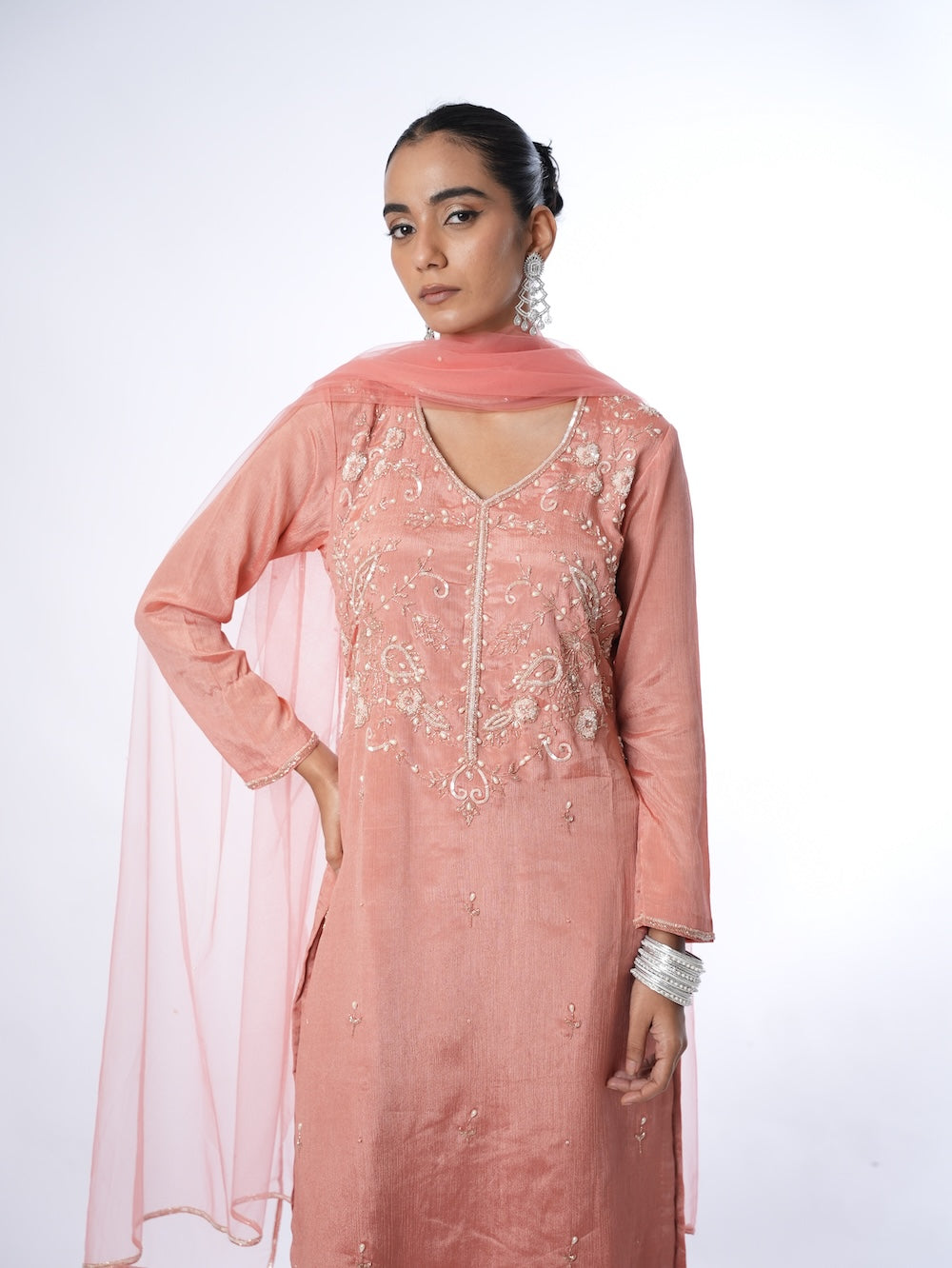 PEACH EMBROIDERED KURTI SET
