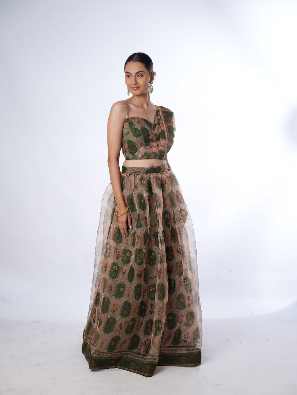 Olive and Peach Floral Print Lehenga Set