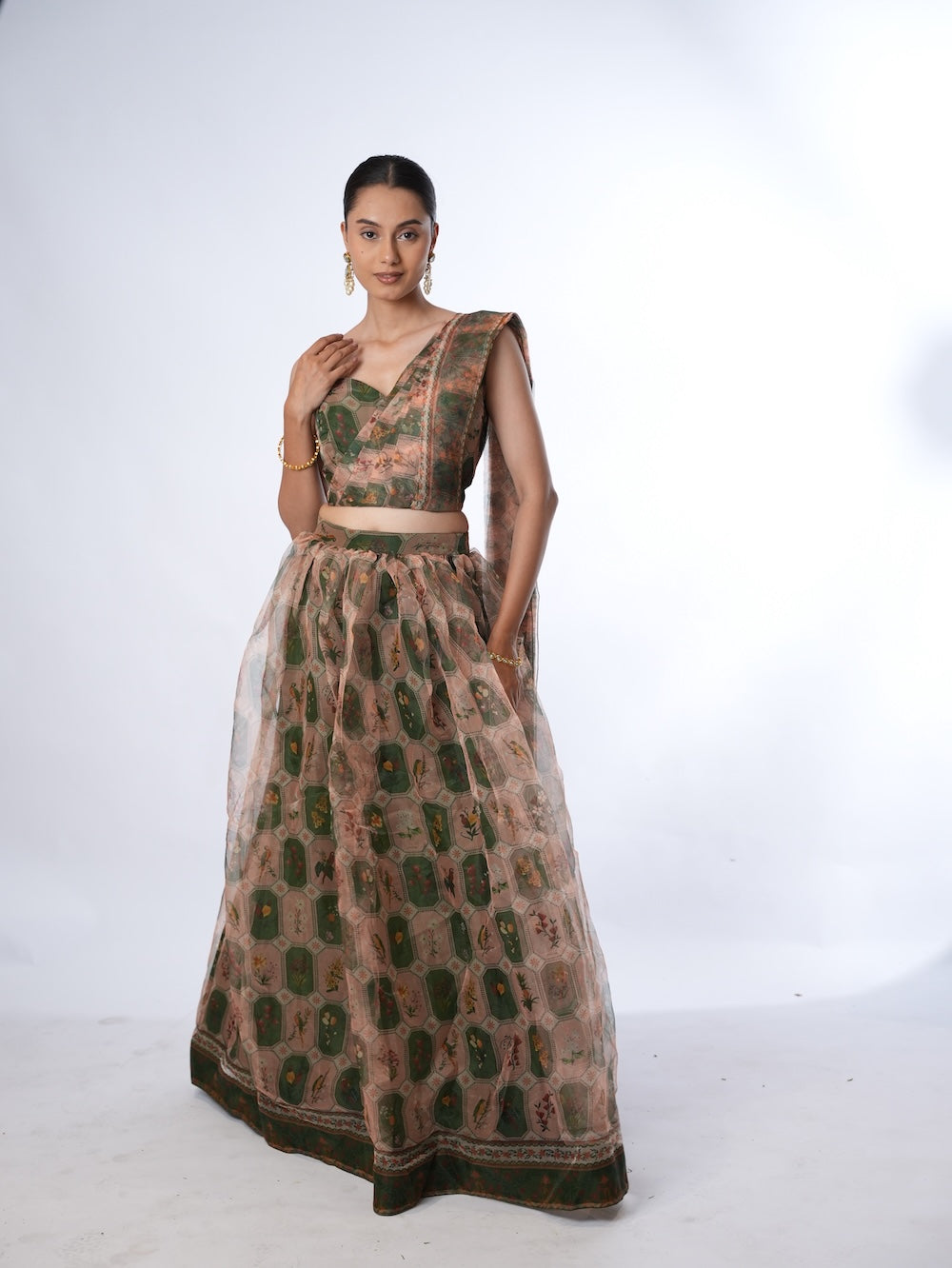 Olive and Peach Floral Print Lehenga Set