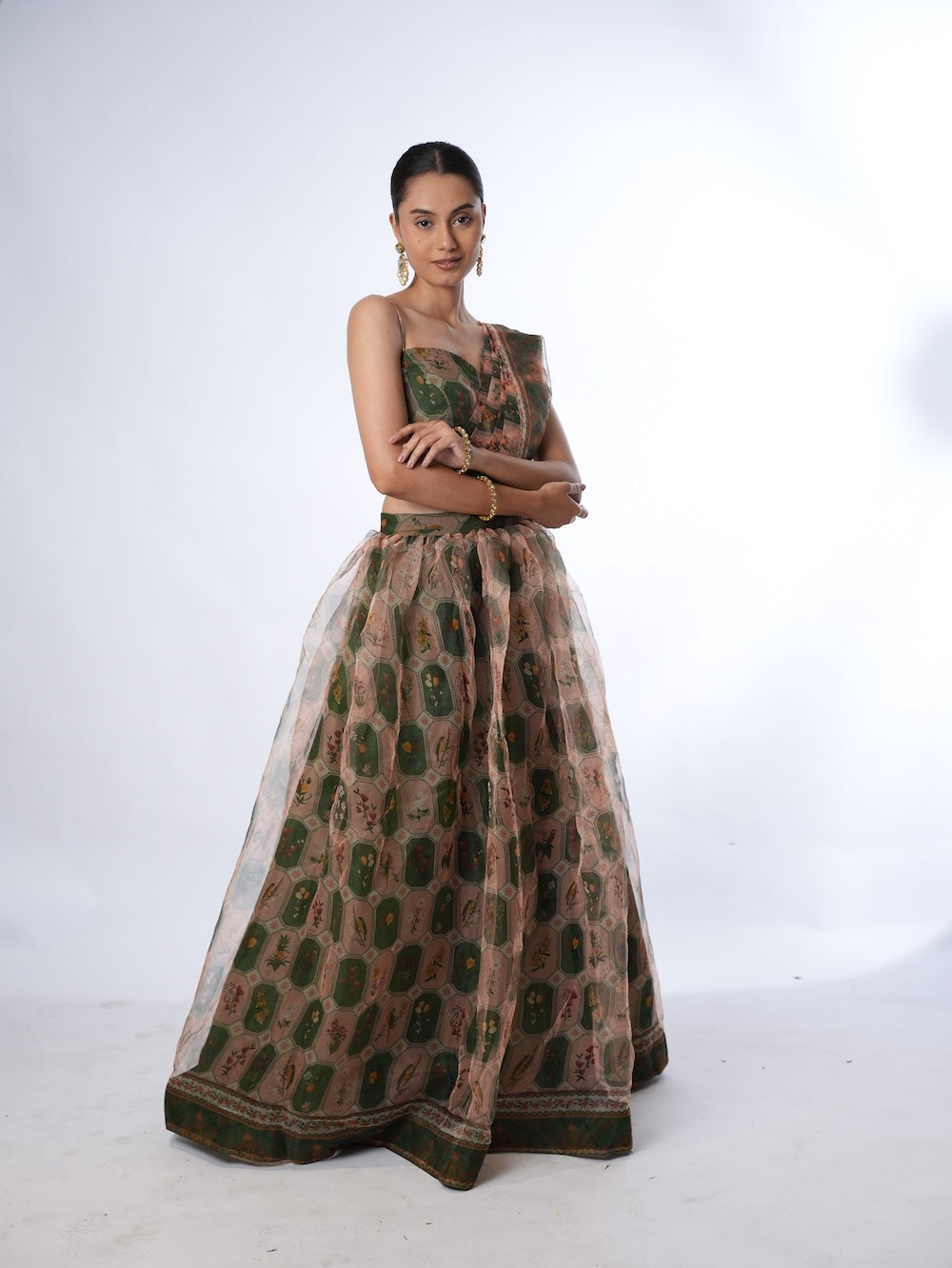 Olive and Peach Floral Print Lehenga Set
