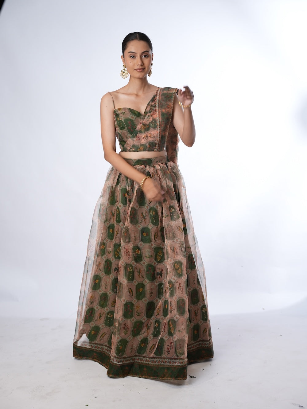 Olive and Peach Floral Print Lehenga Set