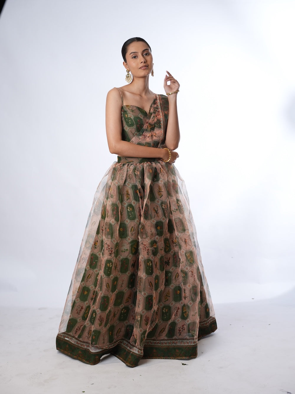Olive and Peach Floral Print Lehenga Set