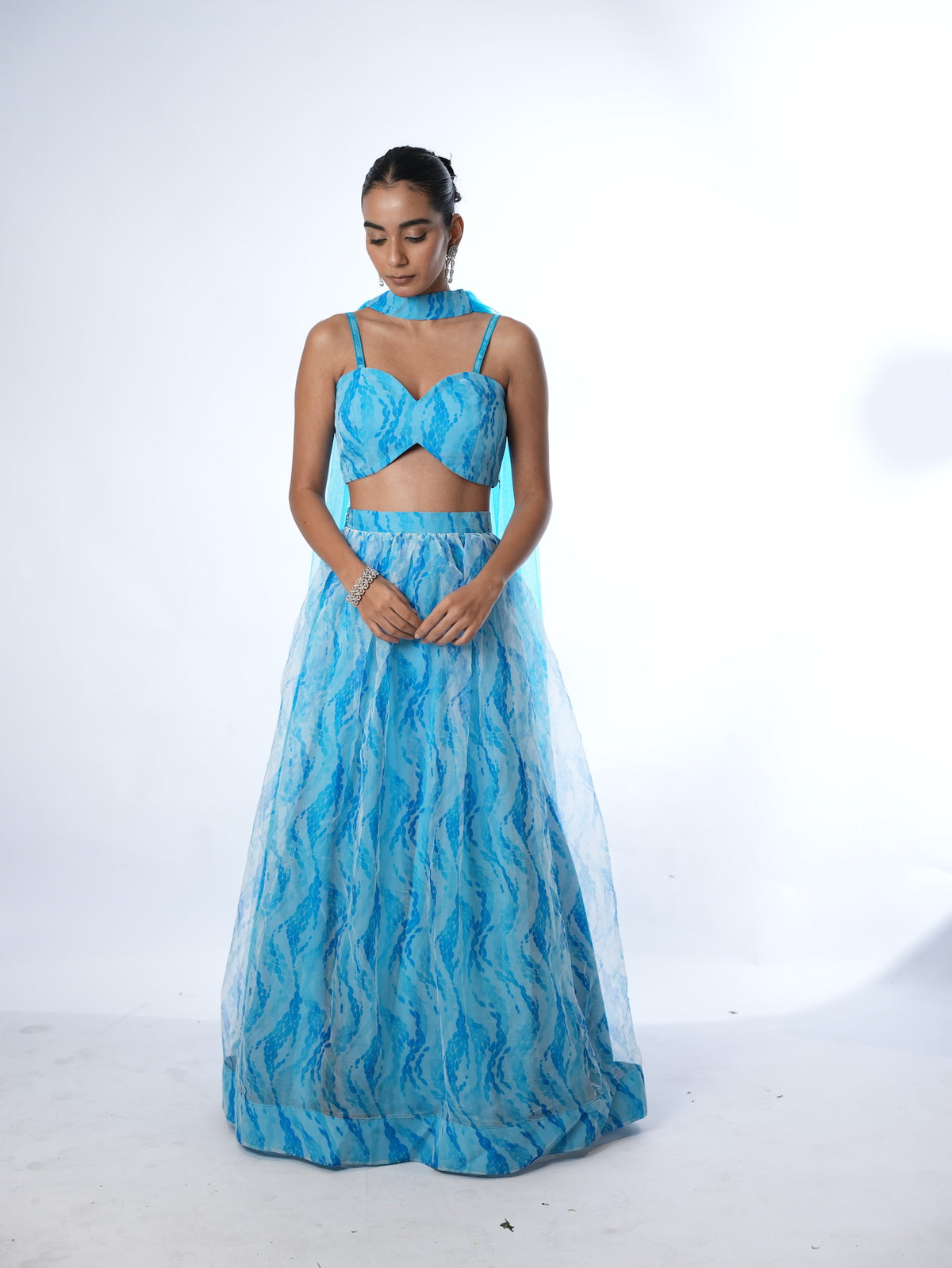 Blue Patterned Crop Top Lehenga Set
