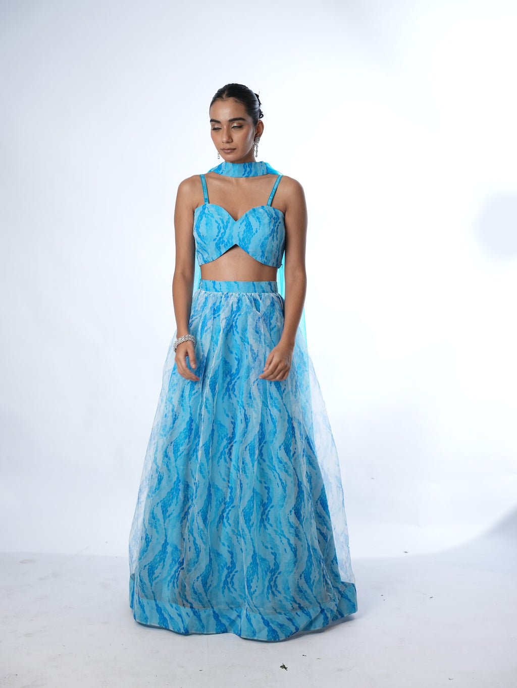 Blue Patterned Crop Top Lehenga Set