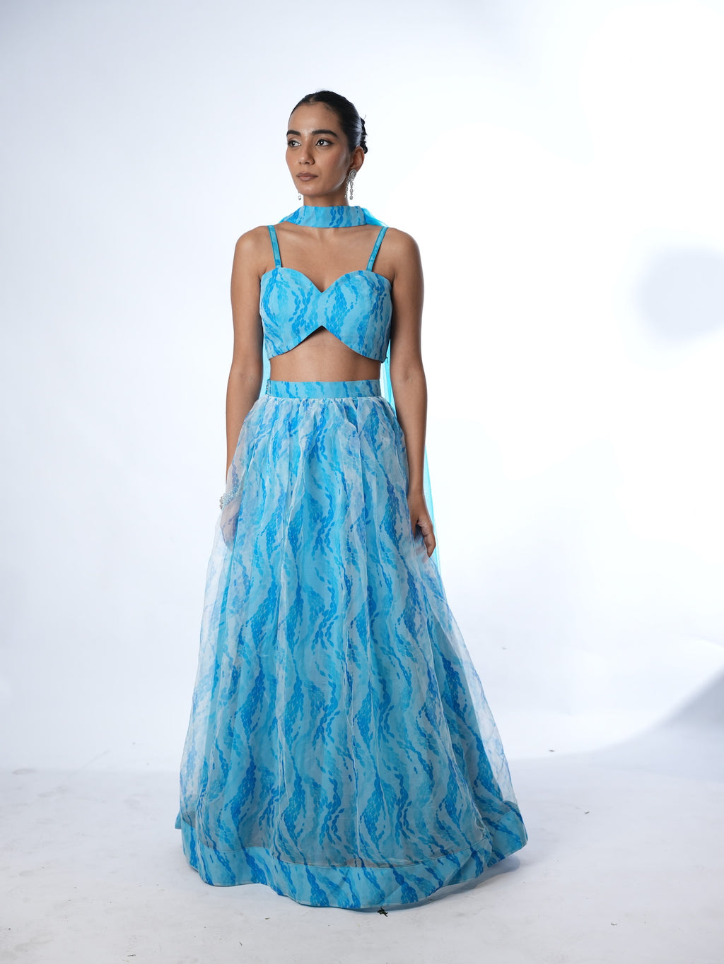 Blue Patterned Crop Top Lehenga Set