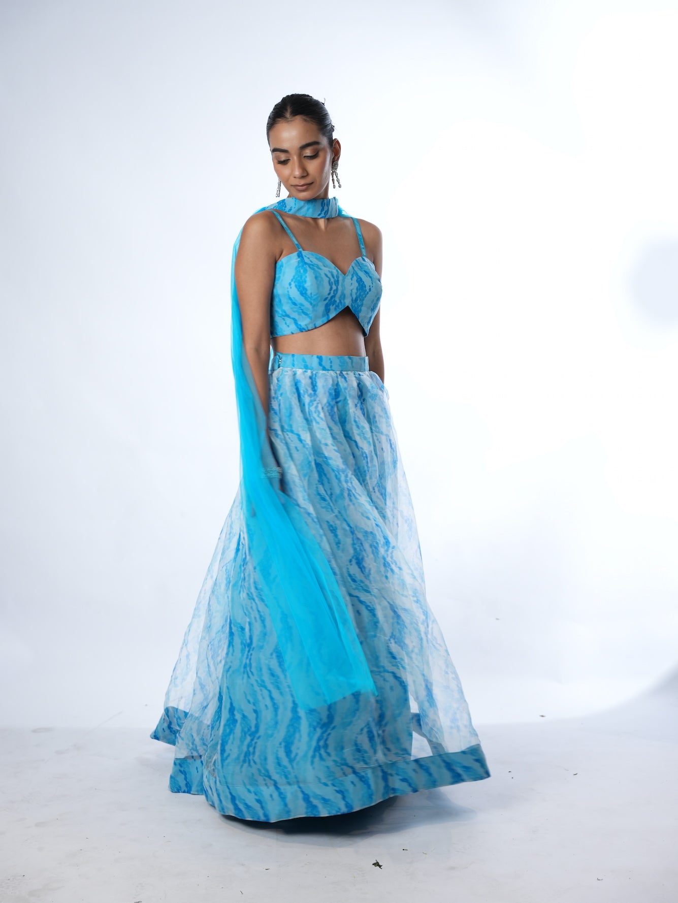 Blue Patterned Crop Top Lehenga Set