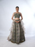 Olive Printed Lehenga Set with Ruffled Drapes