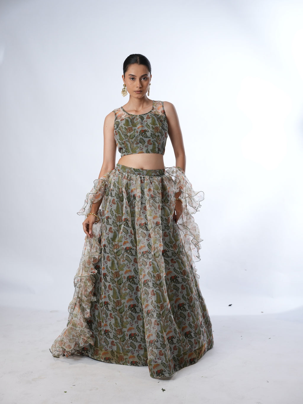 Olive Printed Lehenga Set with Ruffled Drapes