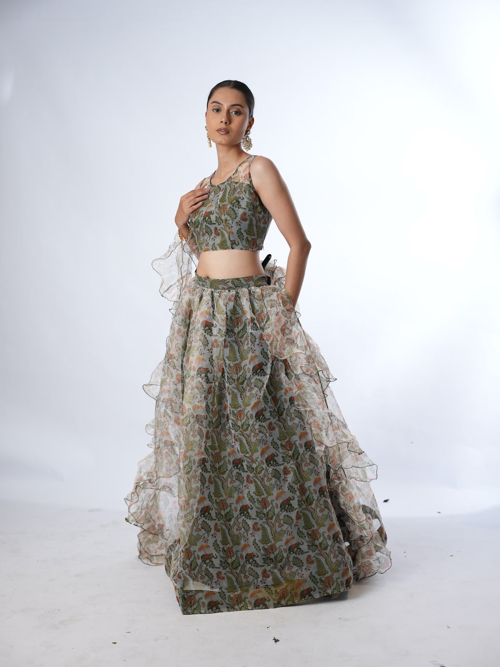 Olive Printed Lehenga Set with Ruffled Drapes