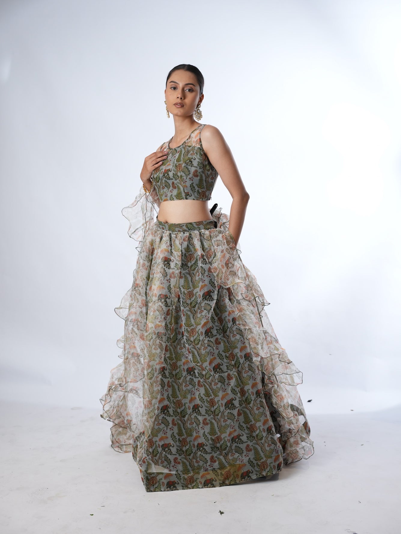 Olive Printed Lehenga Set with Ruffled Drapes