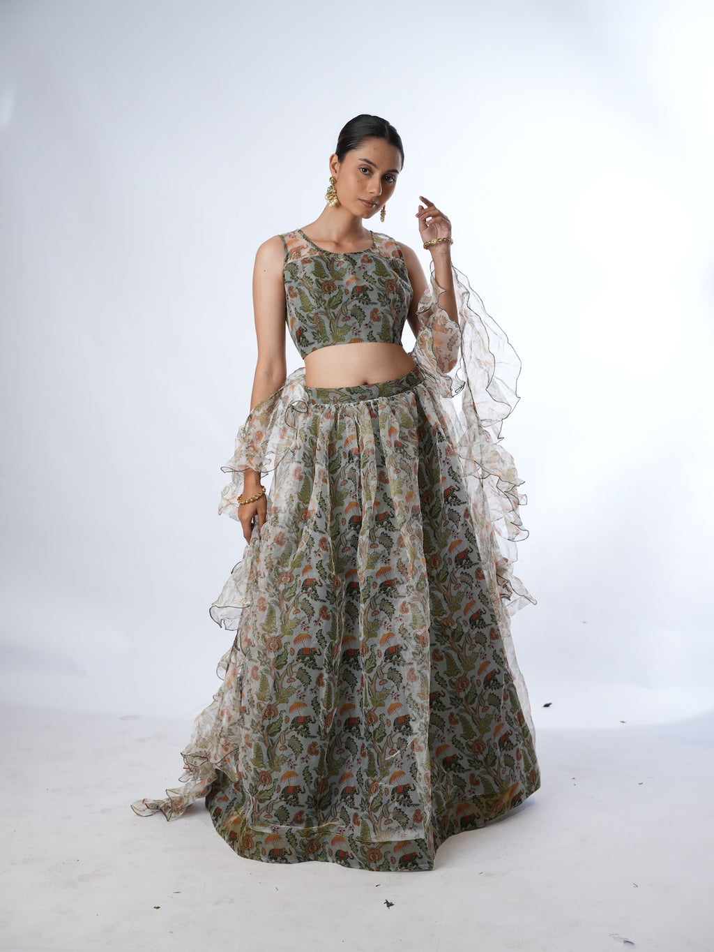 Olive Printed Lehenga Set with Ruffled Drapes