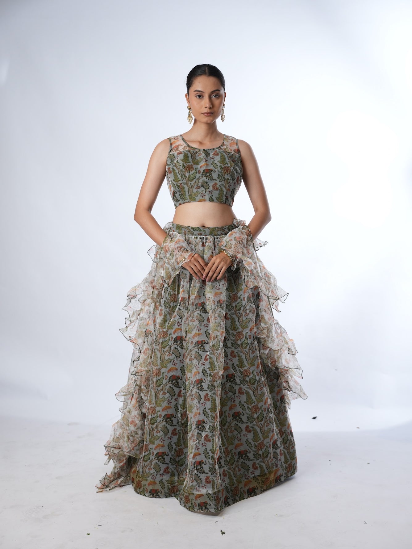 Olive Printed Lehenga Set with Ruffled Drapes