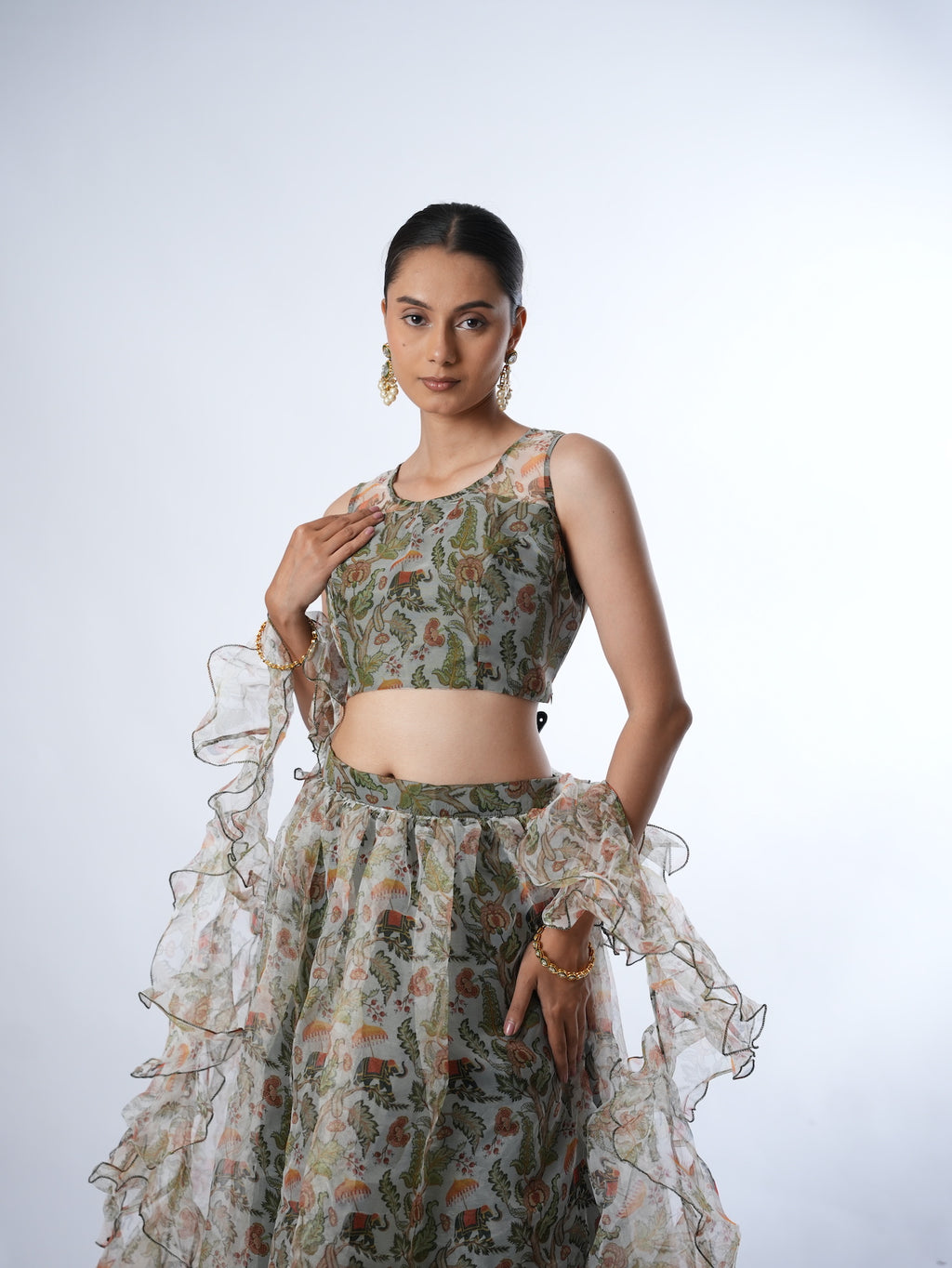 Olive Printed Lehenga Set with Ruffled Drapes