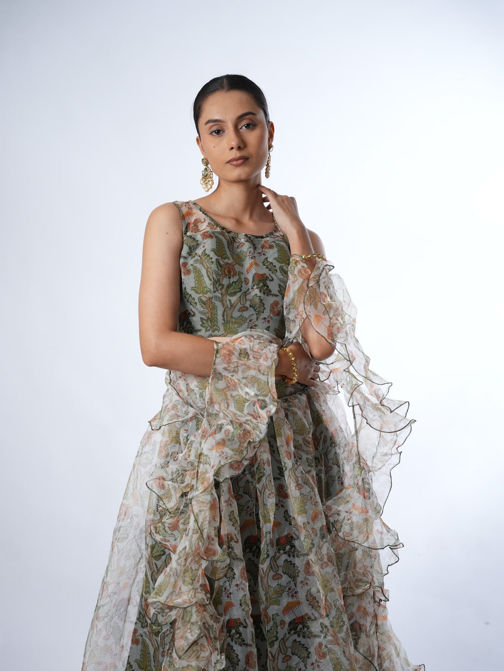 Olive Printed Lehenga Set with Ruffled Drapes