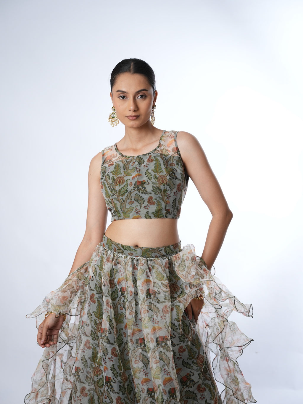 Olive Printed Lehenga Set with Ruffled Drapes