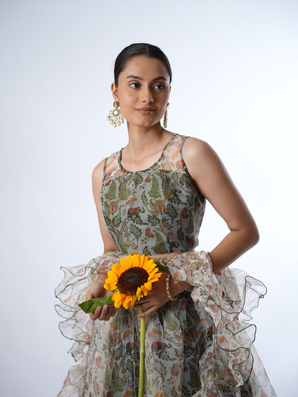 Olive Printed Lehenga Set with Ruffled Drapes