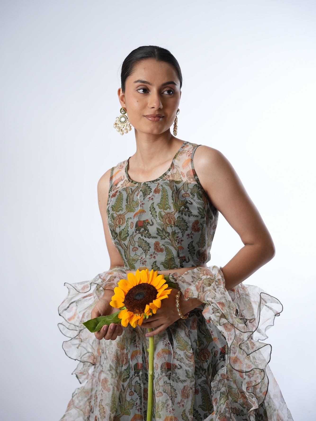 Olive Printed Lehenga Set with Ruffled Drapes