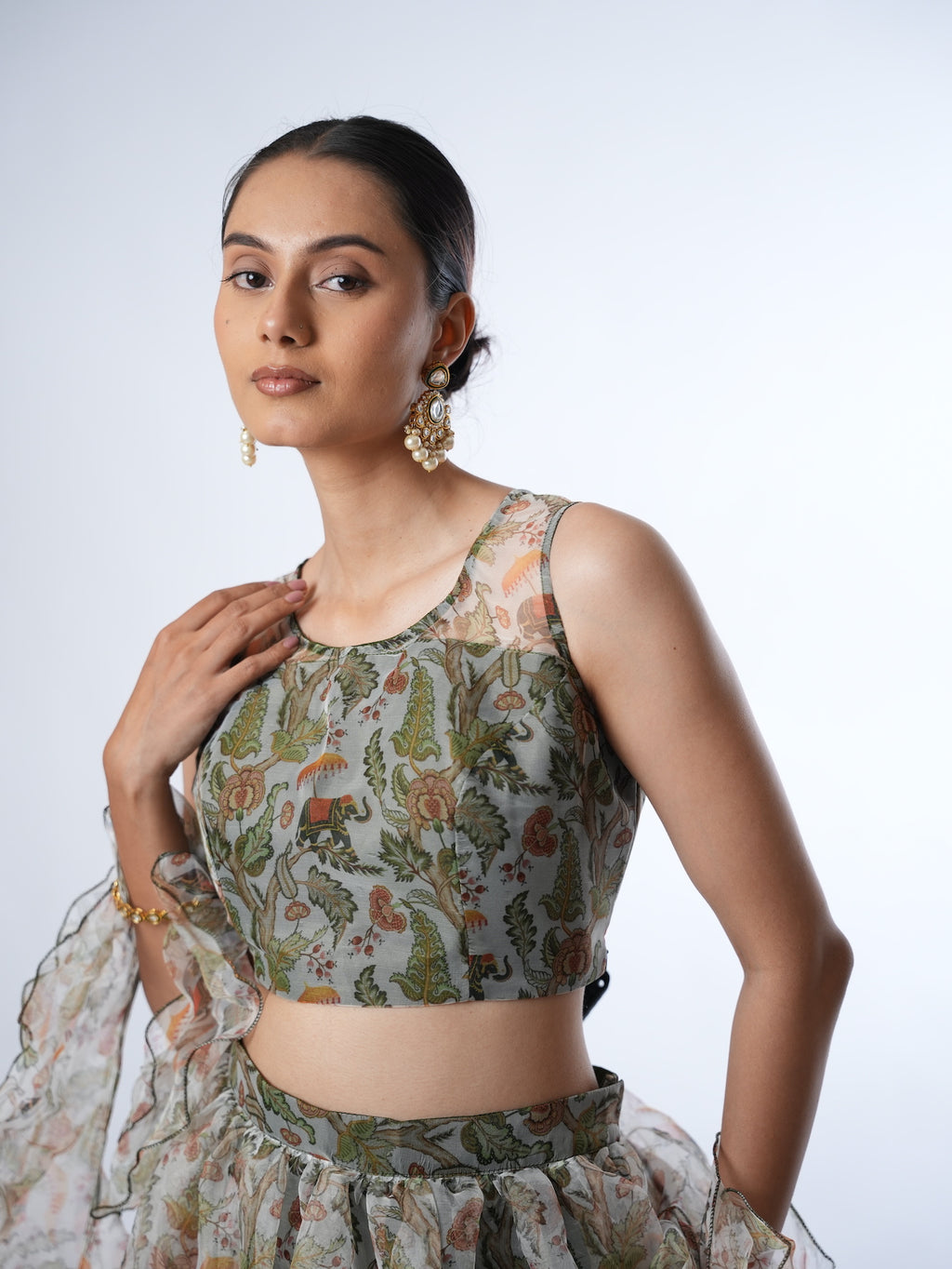 Olive Printed Lehenga Set with Ruffled Drapes