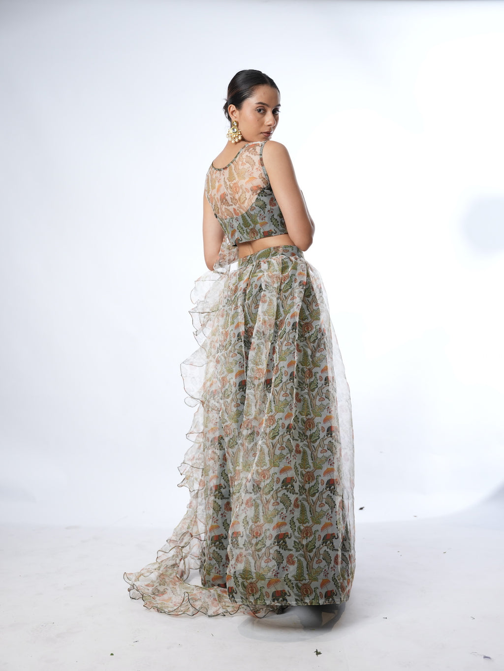 Olive Printed Lehenga Set with Ruffled Drapes