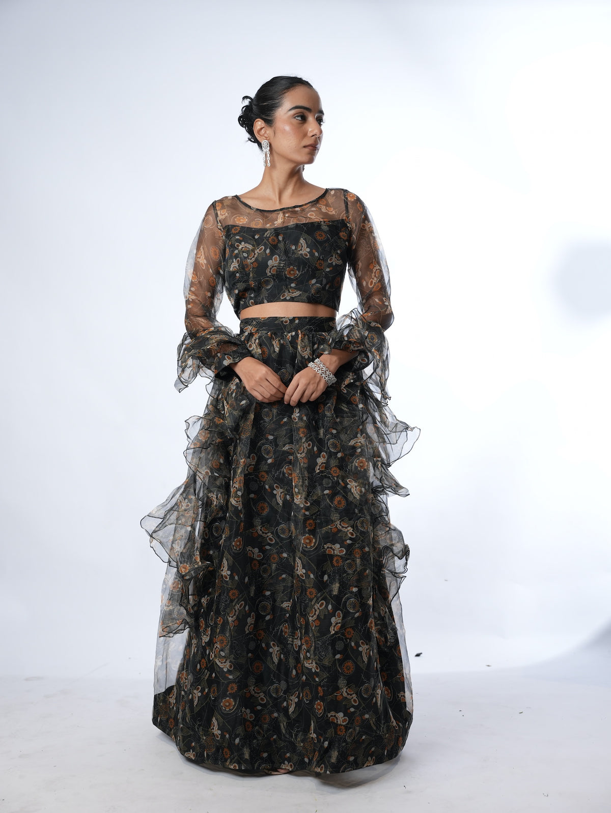 Black Floral Organza Lehenga Set