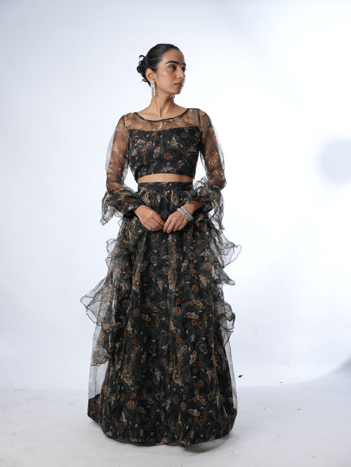 Black Floral Organza Lehenga Set