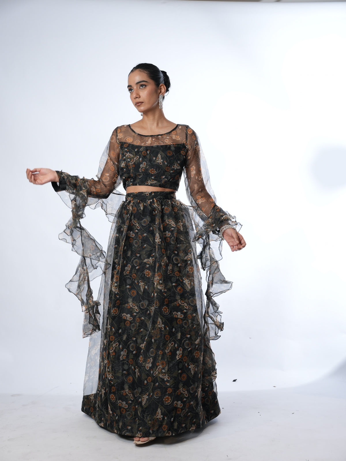 Black Floral Organza Lehenga Set