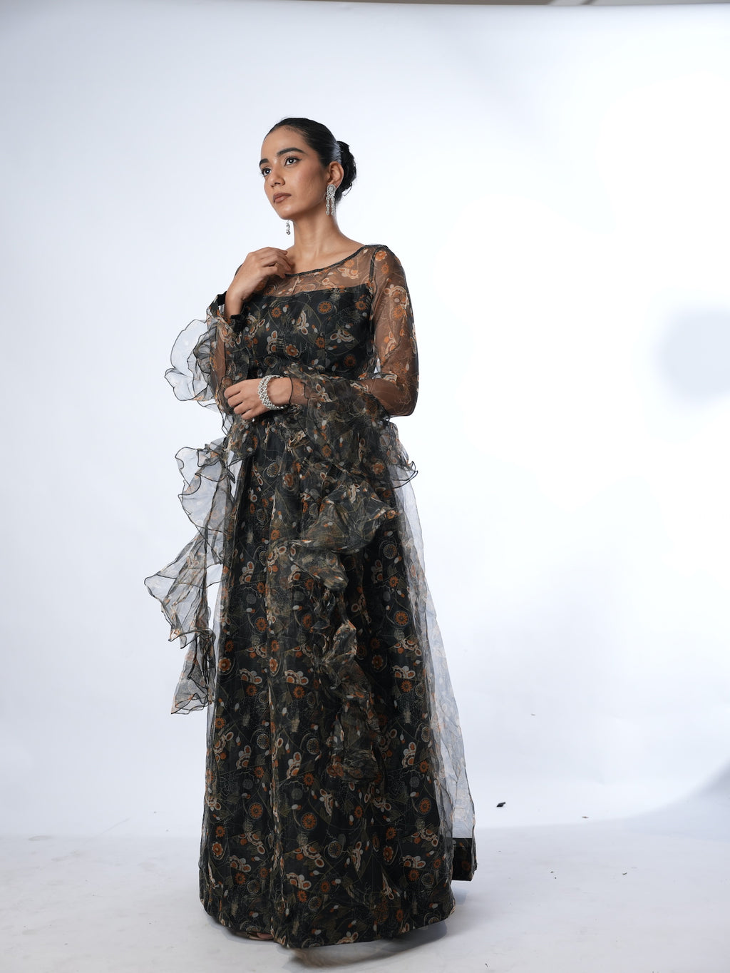 Black Floral Organza Lehenga Set