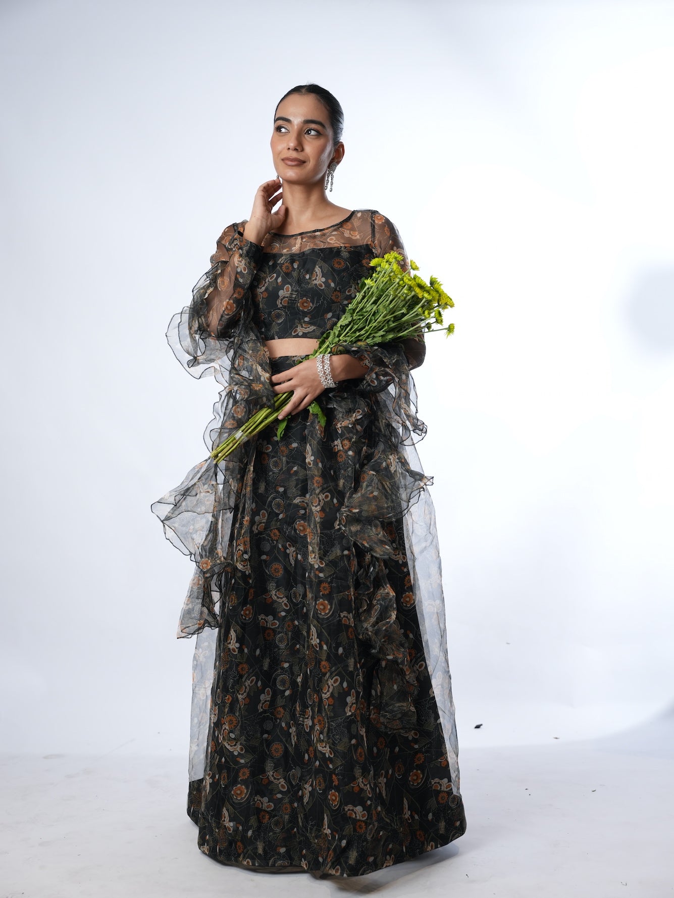 Black Floral Organza Lehenga Set