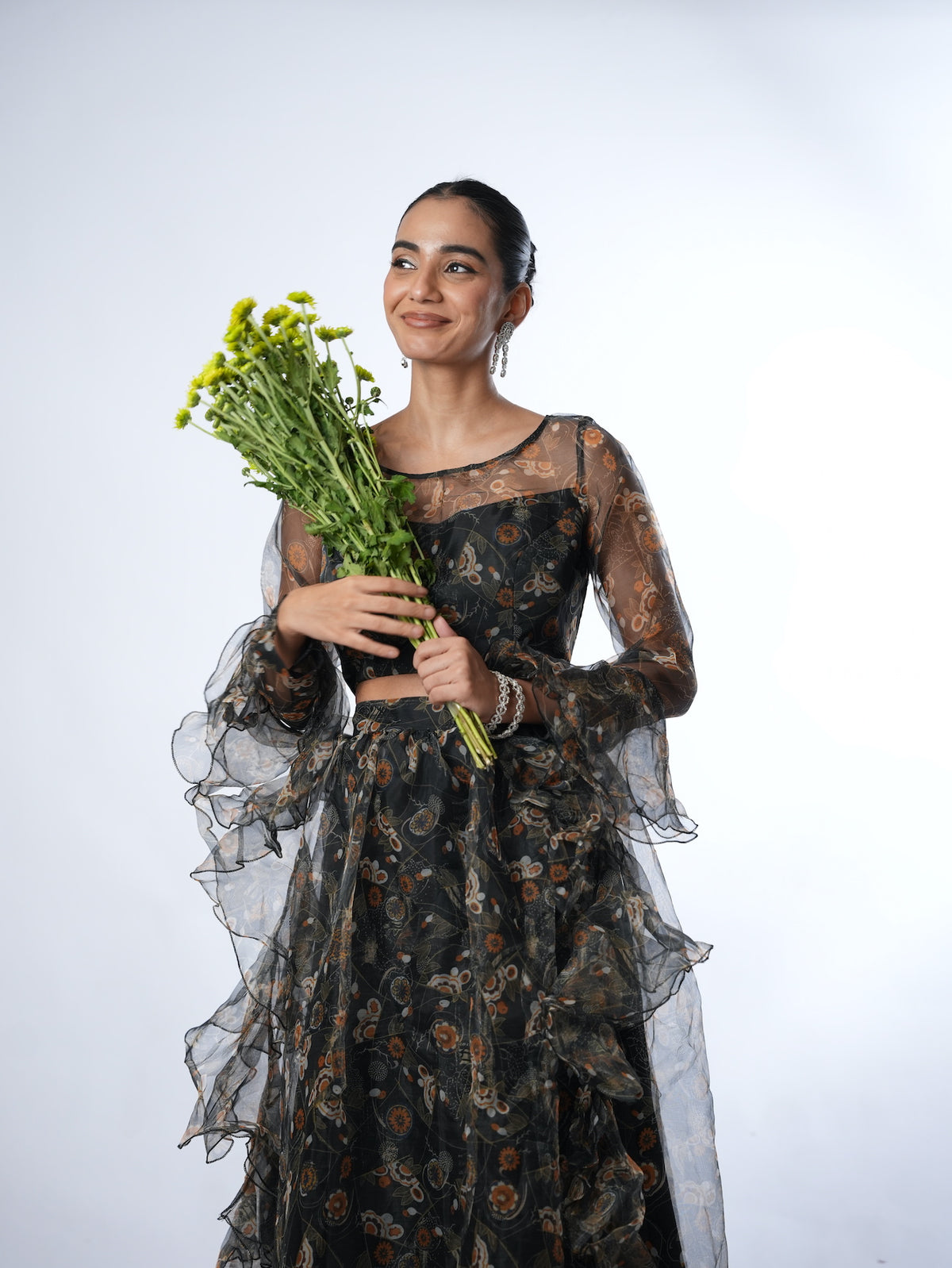 Black Floral Organza Lehenga Set