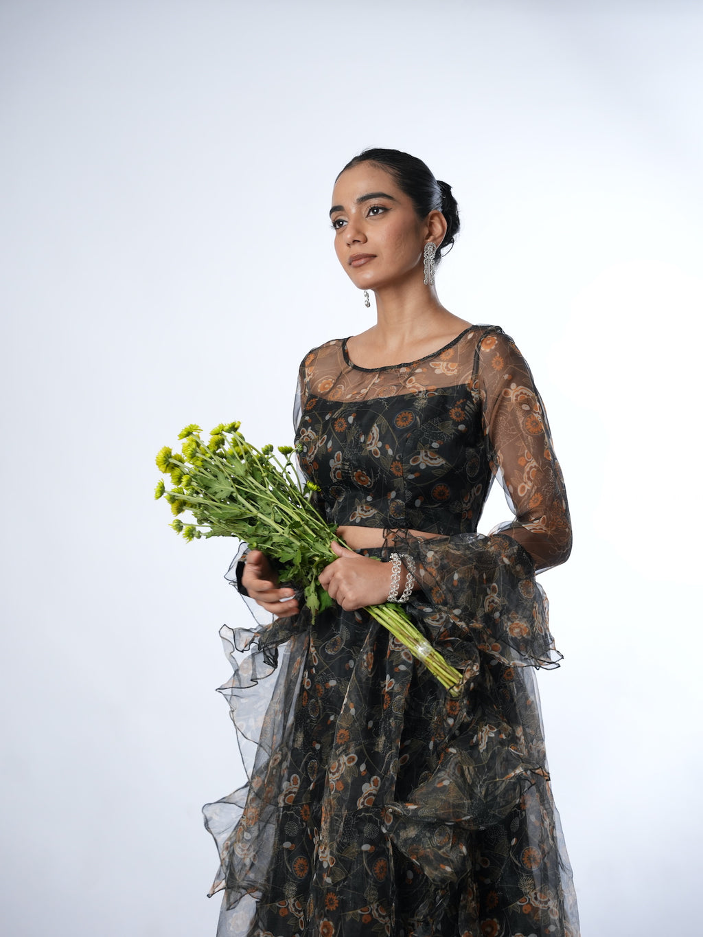 Black Floral Organza Lehenga Set