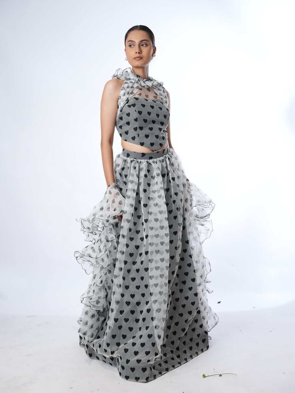 Grey Heart Print Lehenga Set with Ruffled Drapes