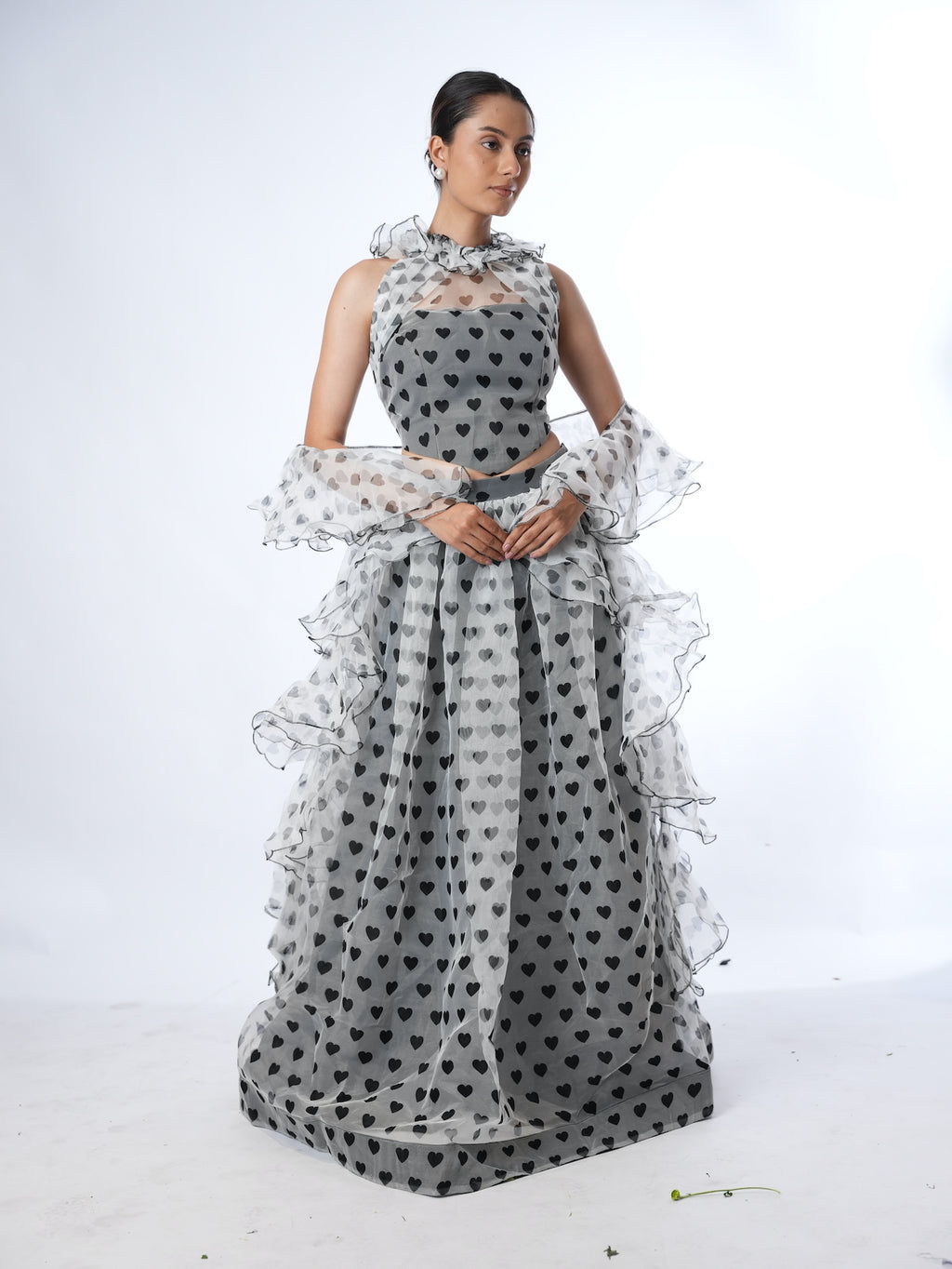 Grey Heart Print Lehenga Set with Ruffled Drapes