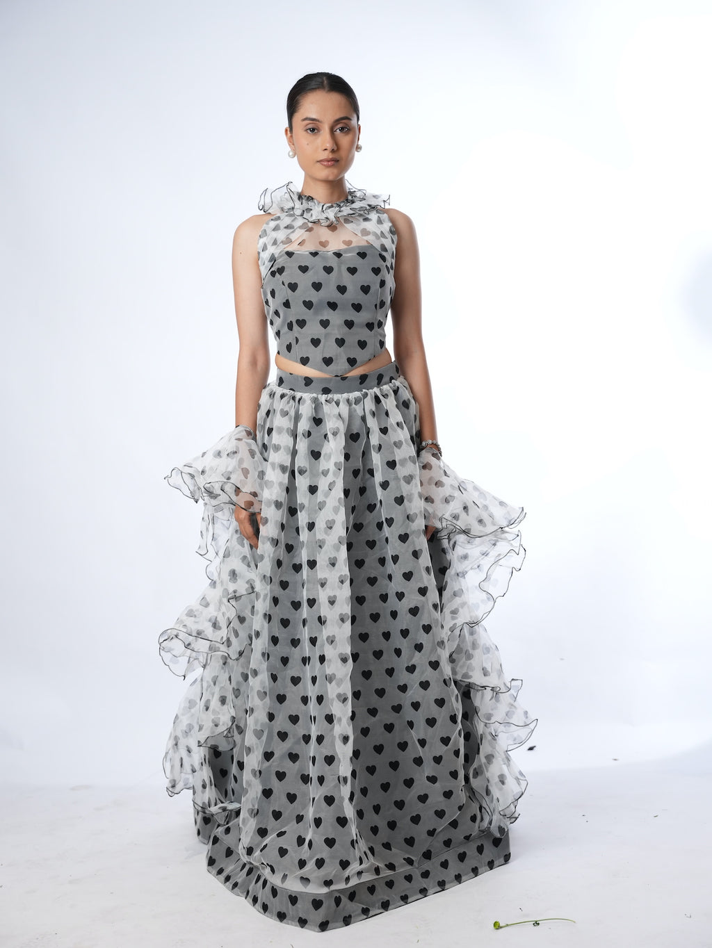 Grey Heart Print Lehenga Set with Ruffled Drapes