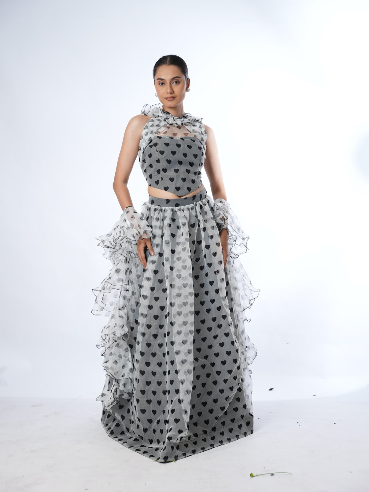 Grey Heart Print Lehenga Set with Ruffled Drapes